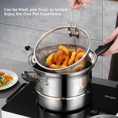 HOMCOM 4-piece non-stick chip pan set with frying basket and lid for deep frying, cooking, and soup preparation.