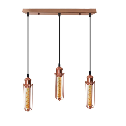 LEDSONE 3-head rectangle rose gold pendant light with wire cage, industrial vintage ceiling fixture with E27 bulbs.