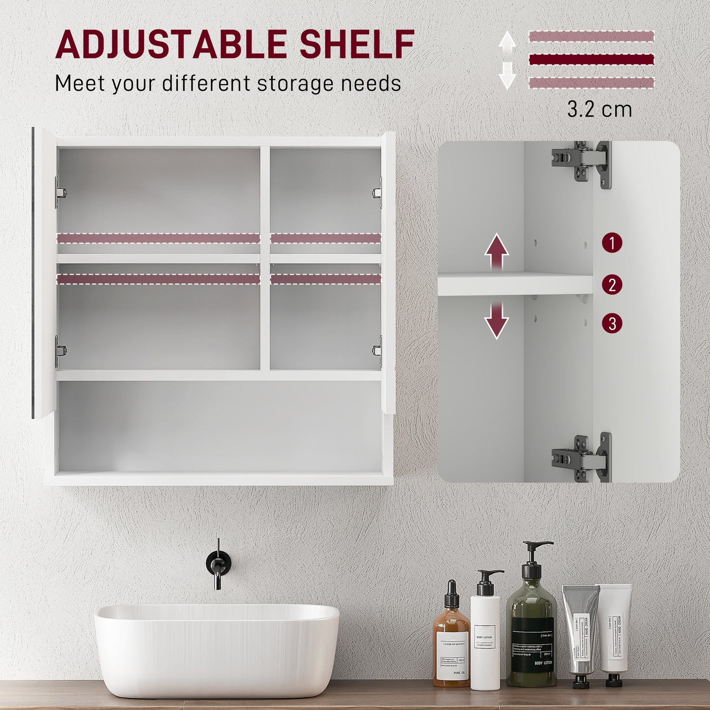 White HOMCOM wall-mounted bathroom storage cupboard with five compartments, sleek design for organized bathroom space.