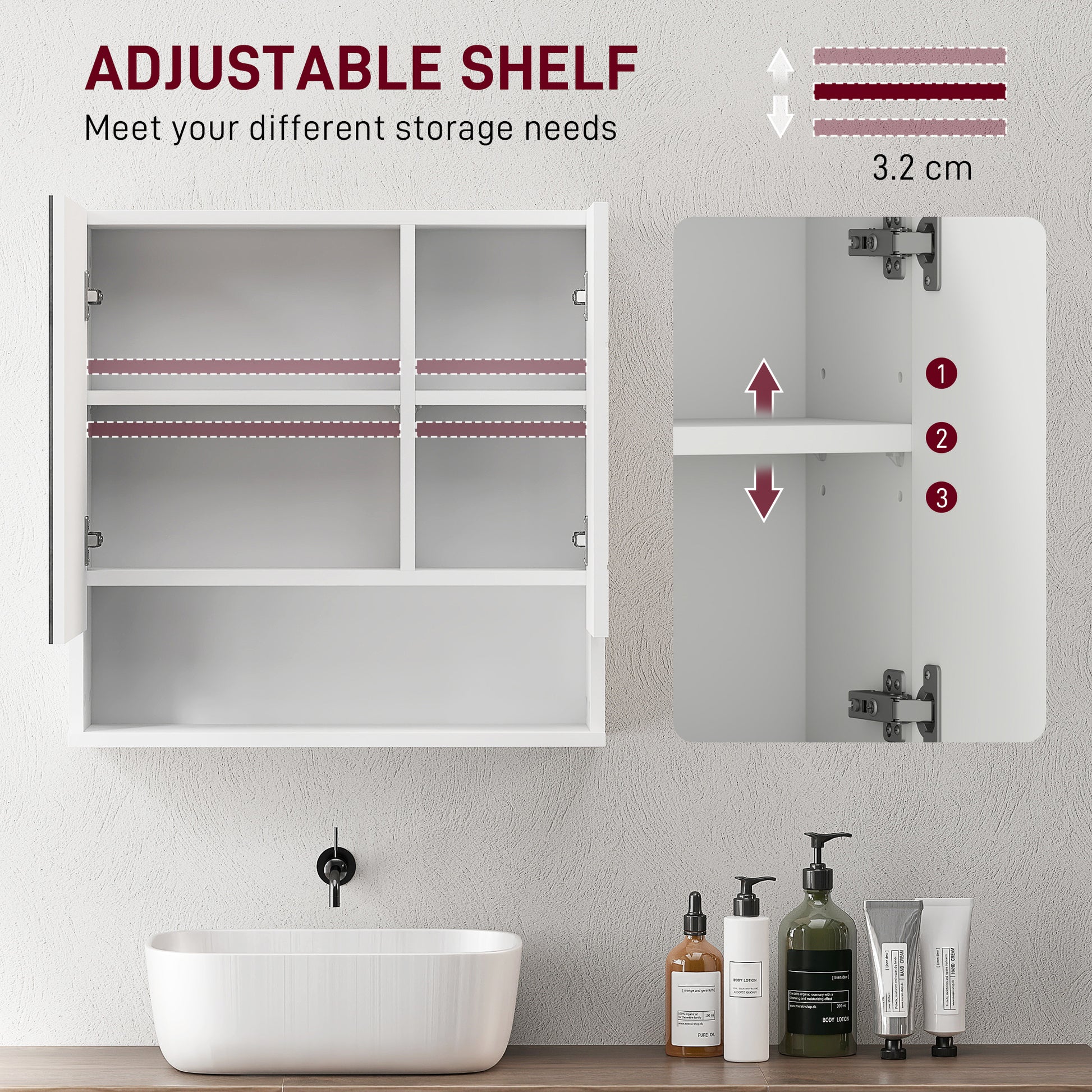 White HOMCOM wall-mounted bathroom storage cupboard with five compartments, sleek design for organized bathroom space.