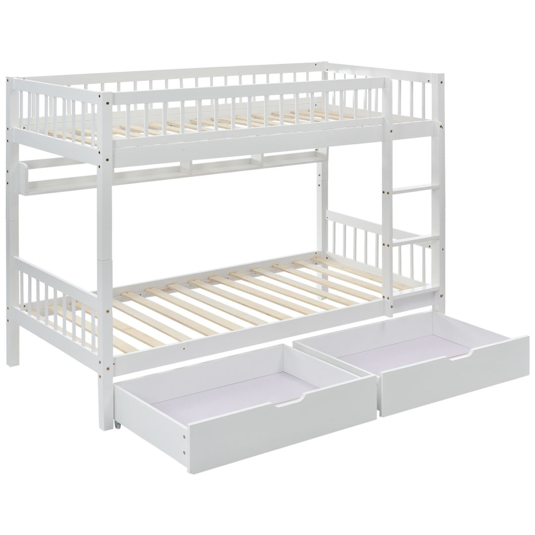 White kids bunk bed with 3ft solid pine wood frame, under bed slide drawer, and shelf storage in 90x190cm size.