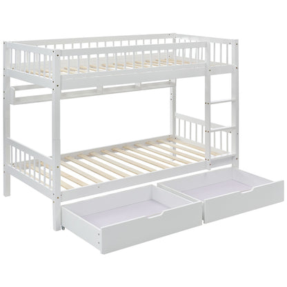 White kids bunk bed with 3ft solid pine wood frame, under bed slide drawer, and shelf storage in 90x190cm size.