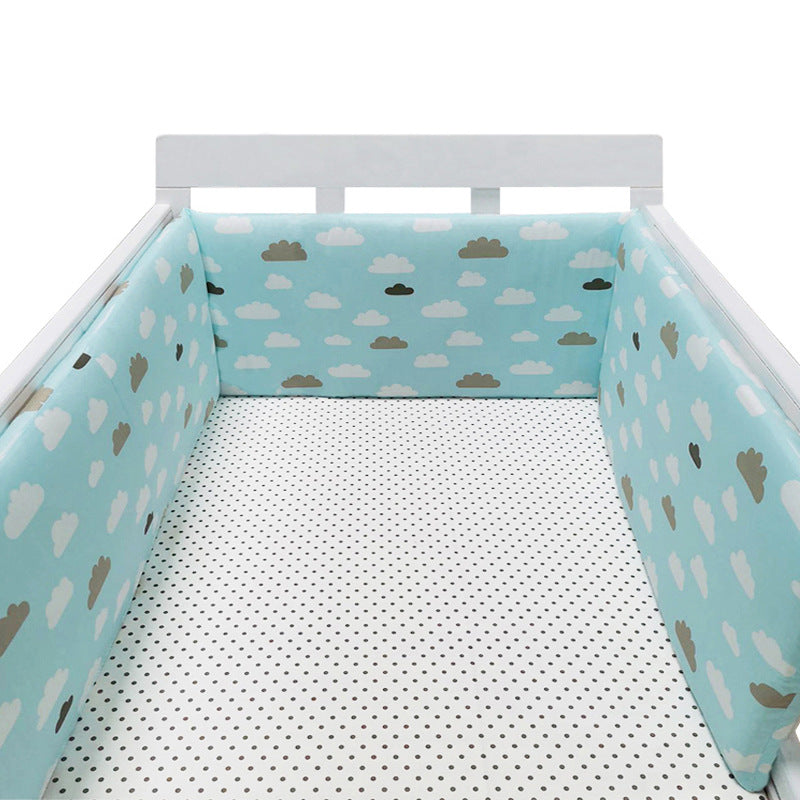 Eprolo baby bed rail guard made of soft cotton fence to prevent falls, shown attached to a crib with a fabric cover.