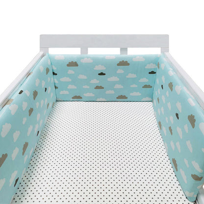 Eprolo baby bed rail guard made of soft cotton fence to prevent falls, shown attached to a crib with a fabric cover.