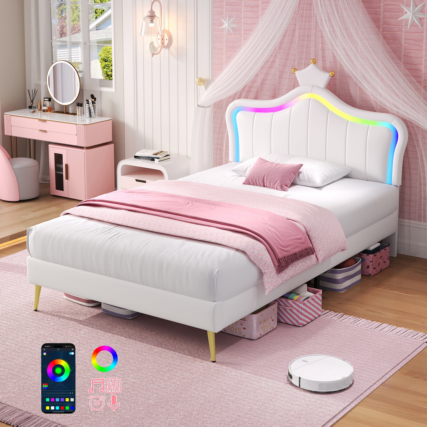 Cream white 3ft upholstered bed frame by HOMCOM with LED crown-shaped headboard, PU leather, solid wood slats, easy to assemble.