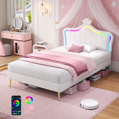 Cream white 3ft upholstered bed frame by HOMCOM with LED crown-shaped headboard, PU leather, solid wood slats, easy to assemble.
