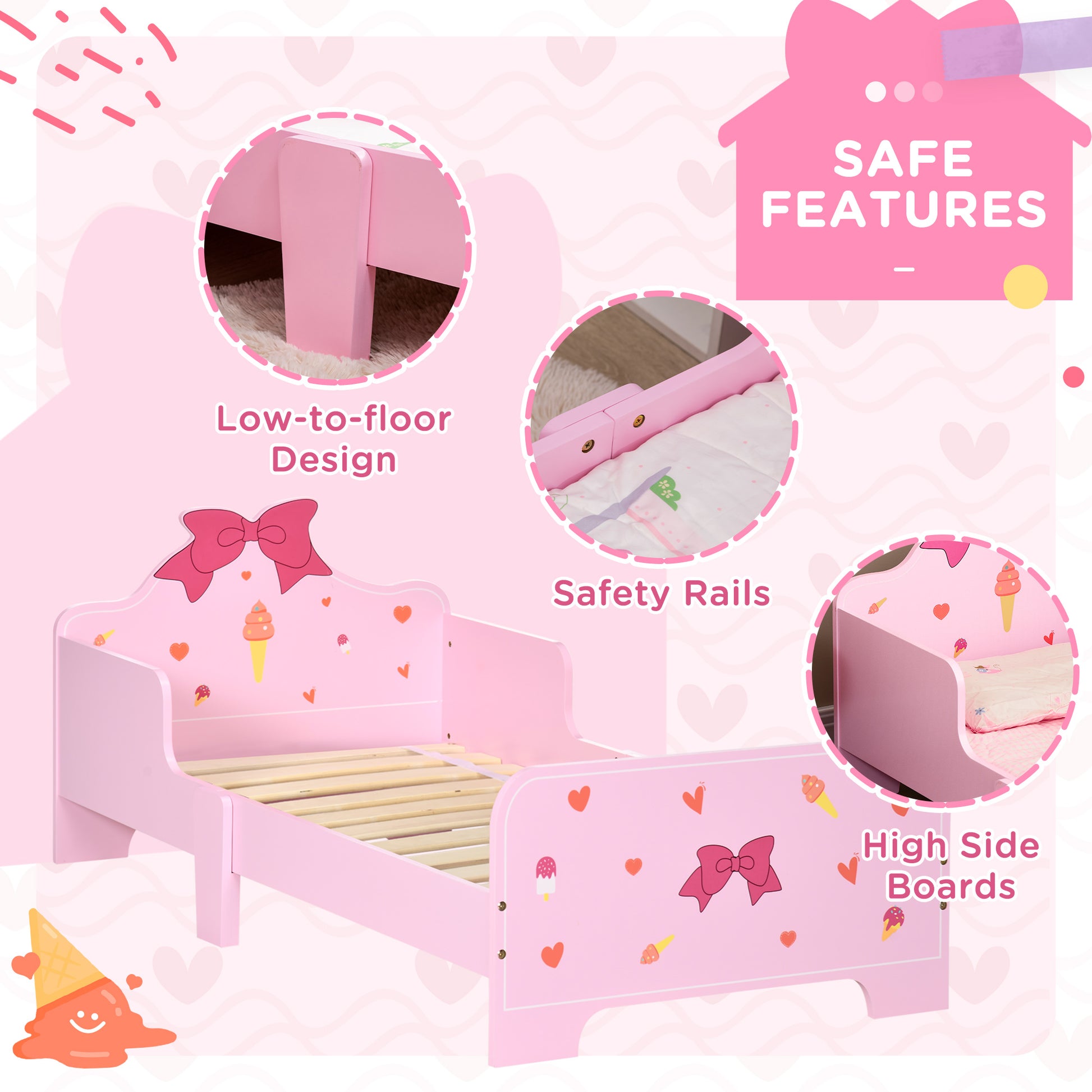 Pink princess-themed toddler bed by HOMCOM with safety rails and cute patterns, suitable for children aged 3 to 6 years.