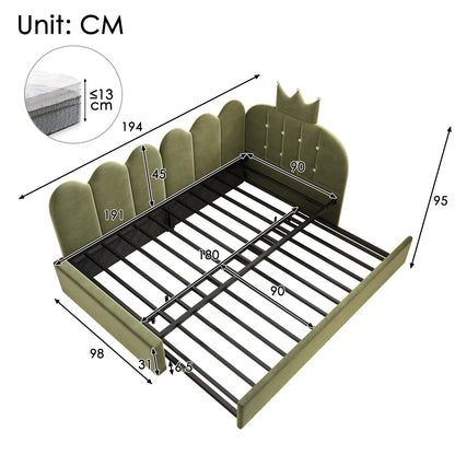 Green velvet HOMCOM upholstered daybed with crown-shaped trundle, pull-out bed, metal slatted frame, 3ft single sofa bed, no mattress