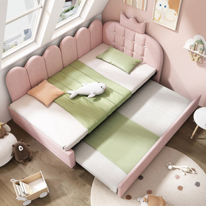 HOMCOM pink upholstered daybed with pull-out trundle bed, velvet fabric, metal slatted frame, 3ft single sofa bed, no mattress