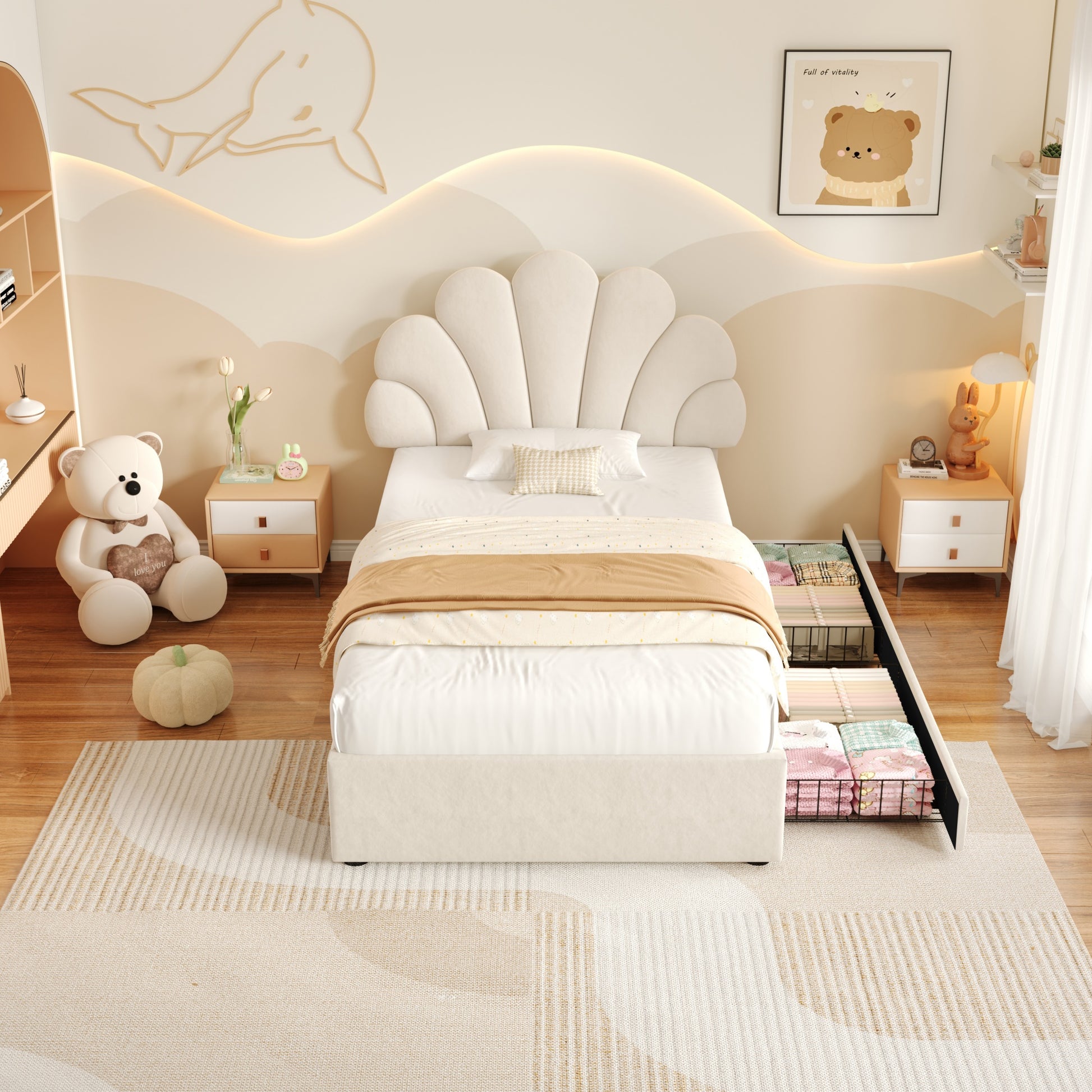 HOMCOM 3ft beige upholstered single bed with adjustable petal velvet headboard, two storage drawers, solid wood slats, no box spring