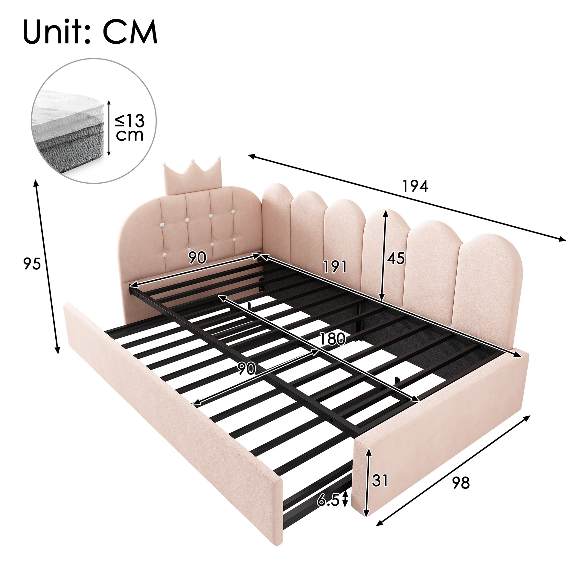 HOMCOM upholstered pink velvet daybed with crown-shaped trundle, metal slatted frame, pull-out bed, suitable for adults and children