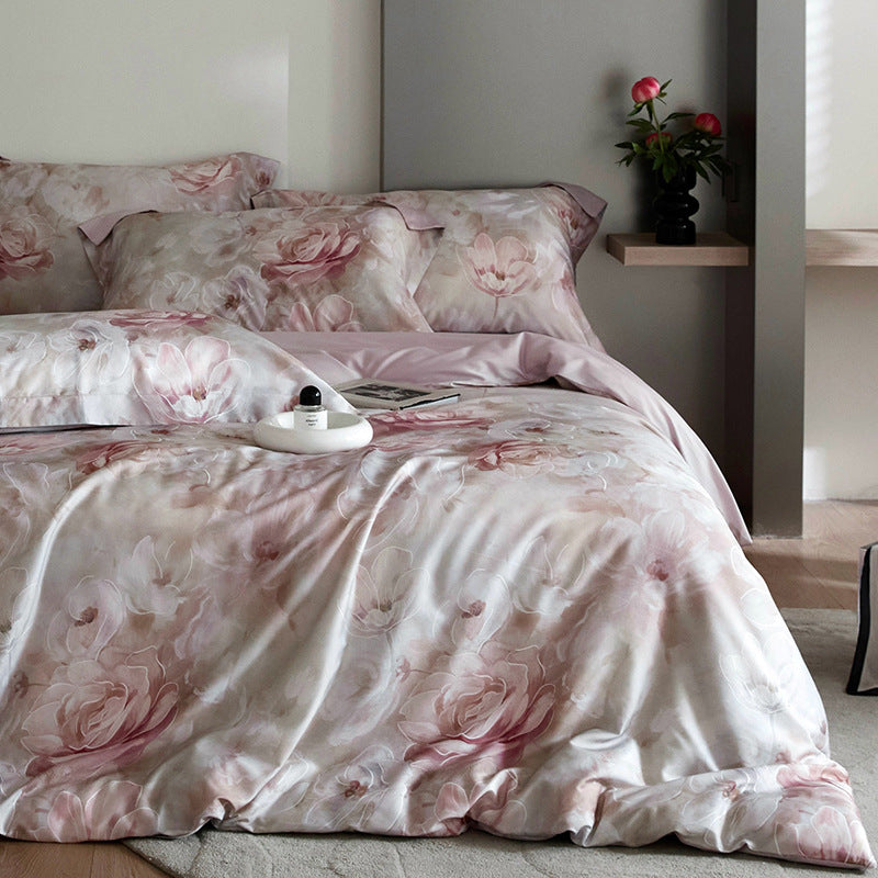 HOMCOM flower Tencel digital printed four-piece bedding set with floral pattern and soft fabric, shown on a neatly made bed.