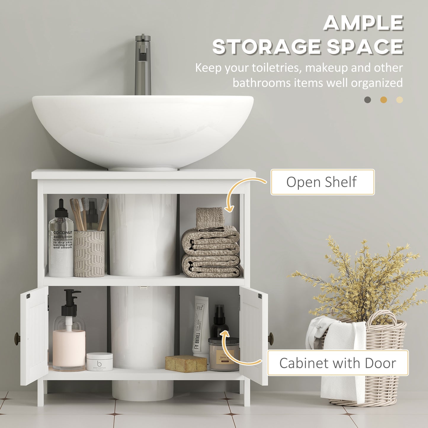 White HOMCOM Kleankin pedestal under sink cabinet with double doors and shelves, modern bathroom vanity storage unit.