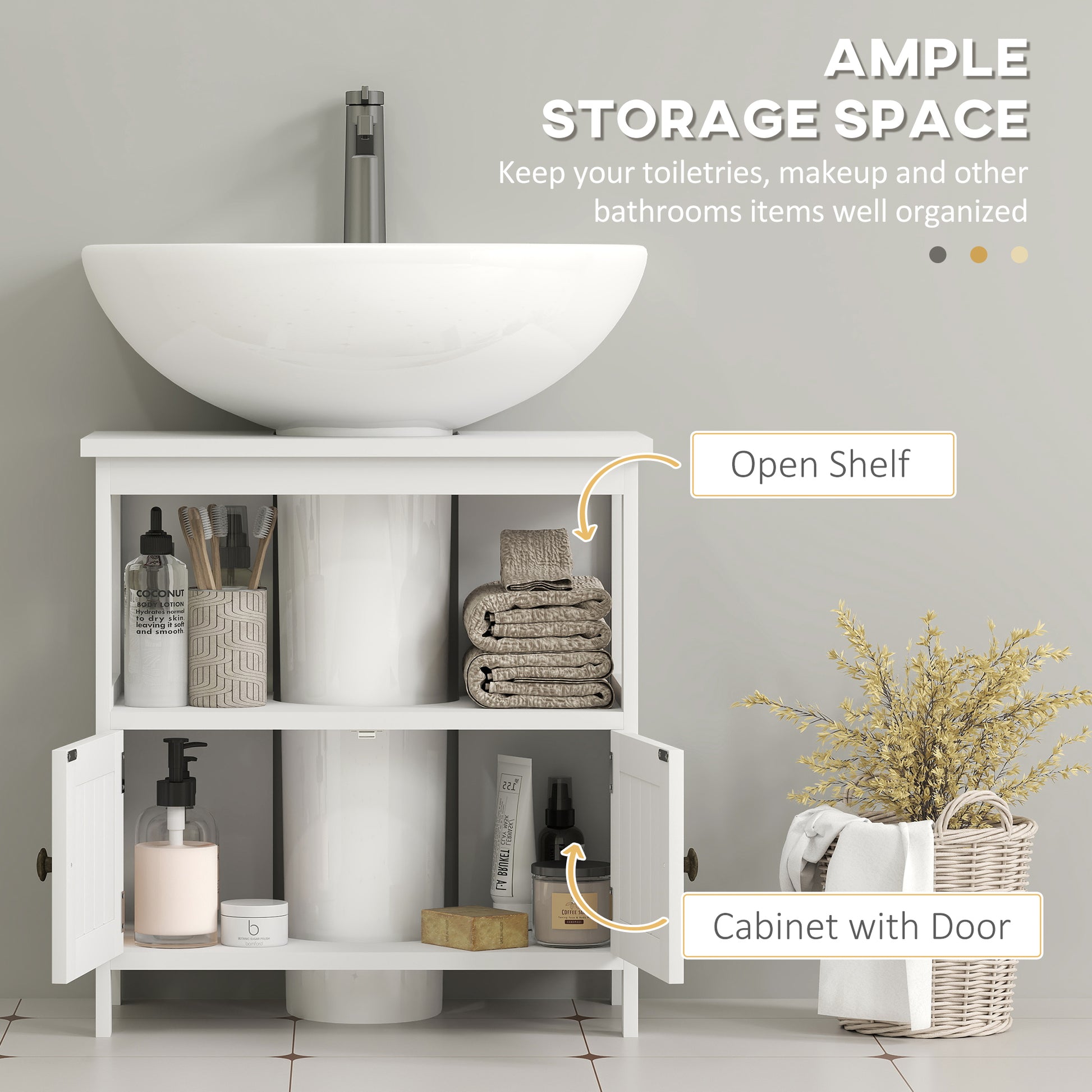 White HOMCOM Kleankin pedestal under sink cabinet with double doors and shelves, modern bathroom vanity storage unit.