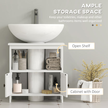 White HOMCOM Kleankin pedestal under sink cabinet with double doors and shelves, modern bathroom vanity storage unit.