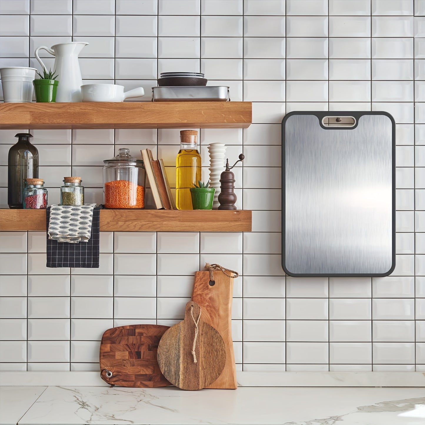 HOMCOM double-sided stainless steel chopping board with anti-slip base and handle, ideal for meat, vegetables, and fruits.