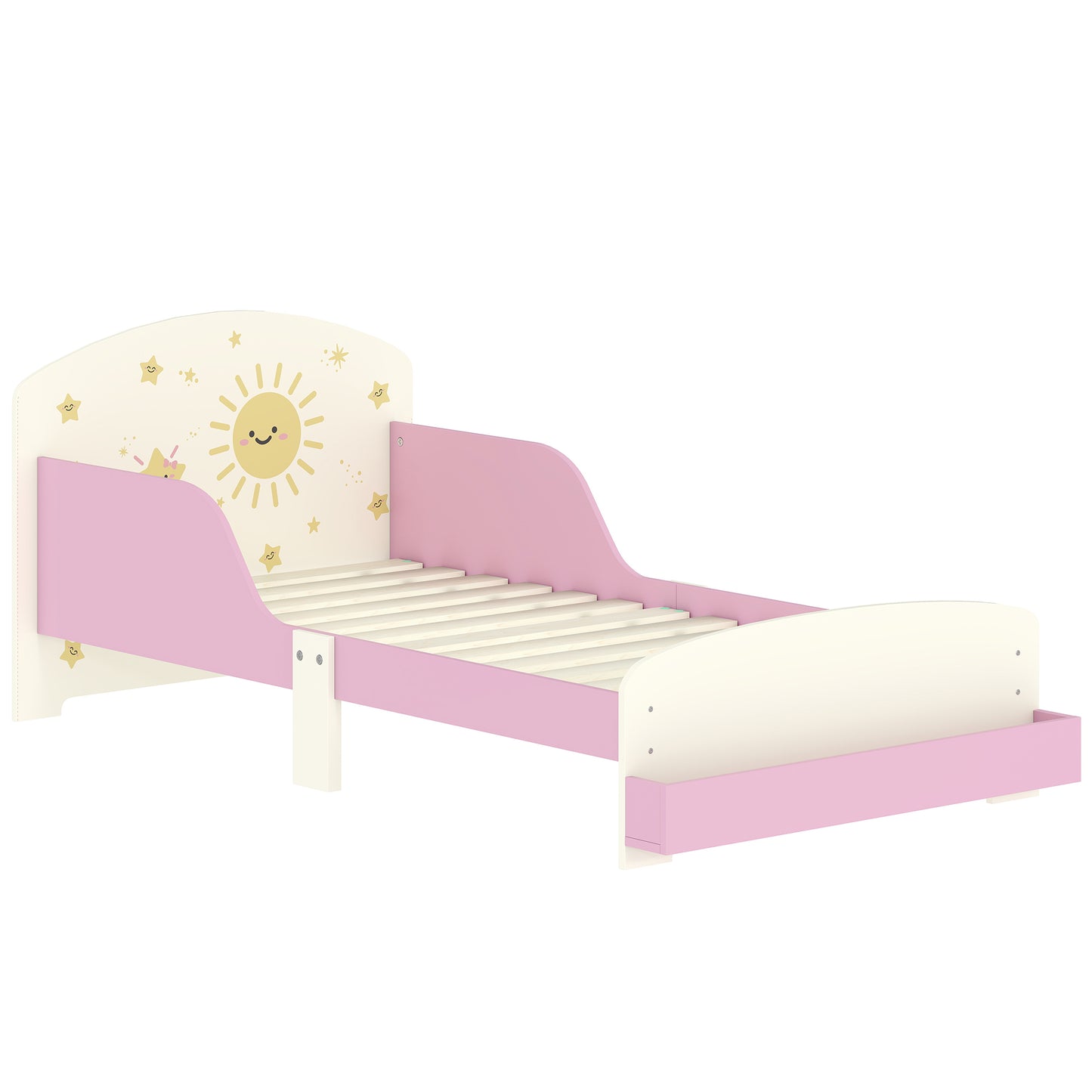 HOMCOM toddler bed with sun design, storage drawers, guardrails, suitable for ages 3-8, fits 140x70cm mattress.