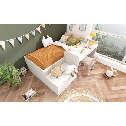 White kids' single bed with desk, drawers, and slatted frame, 90x190cm, wooden bed with storage for teenagers and adults.