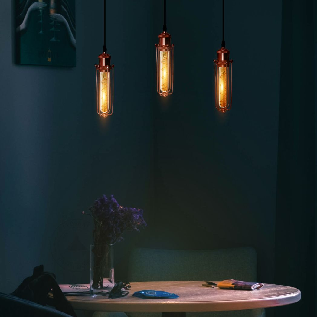 LEDSONE 3-head rectangle rose gold pendant light with wire cage, industrial vintage style ceiling lamp for modern decor.