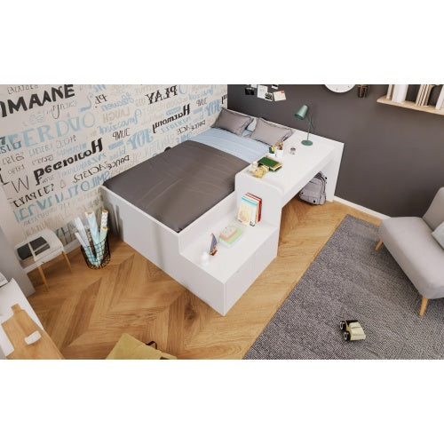White kids' single bed with desk and drawers, 90x190 cm, HOMCOM wooden bed with slatted frame and storage for teenagers and adults.