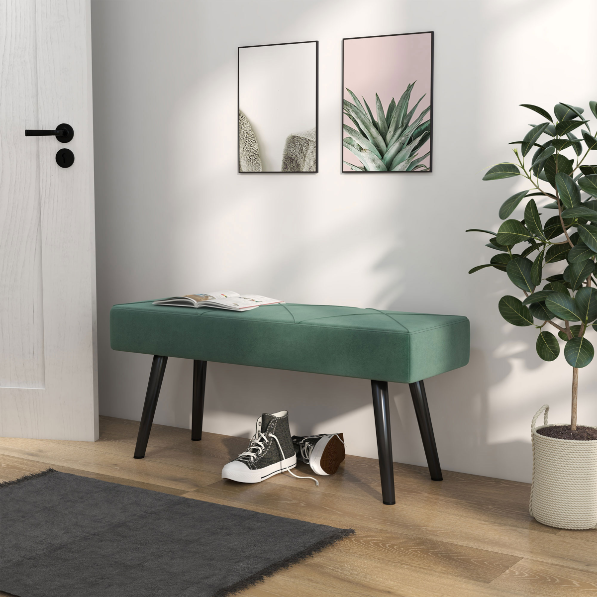 Upholstered green end of bed bench with steel legs, ideal for hallway or bedroom seating by HOMCOM.