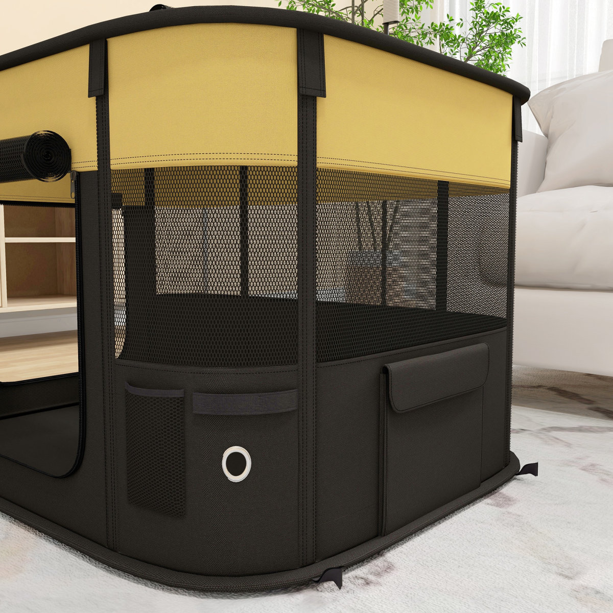 Yellow portable dog pen by PawHut for puppies, rabbits, kittens, and guinea pigs, showing a spacious, foldable pet enclosure.