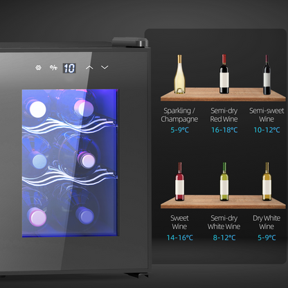 HOMCOM mini beer and wine fridge with glass door, 6-bottle capacity, touch screen control, compact beverage cooler.
