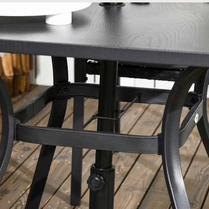 Black 4 seater outdoor rattan garden dining set with umbrella hole and matching chairs, designed for patio or backyard use.