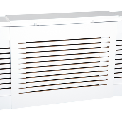 White extendable MDF radiator cover by HOMCOM, showing the sleek, modern design with adjustable panels and vented sides.