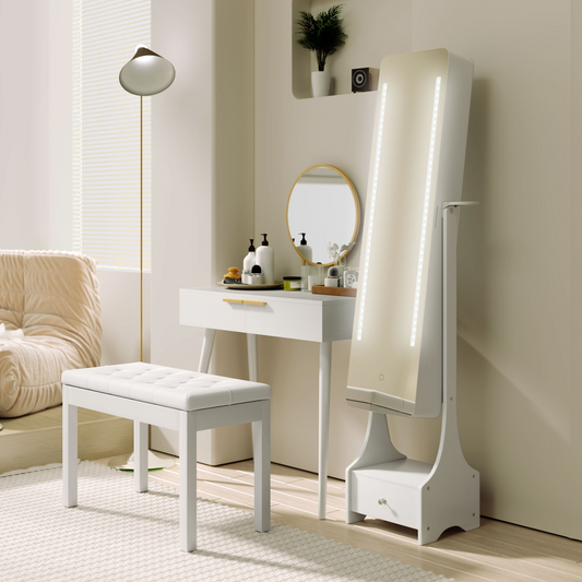 Freestanding jewelry storage mirror armoire with LED lights, hooks, and drawers, showcasing organized jewelry and a sleek design.