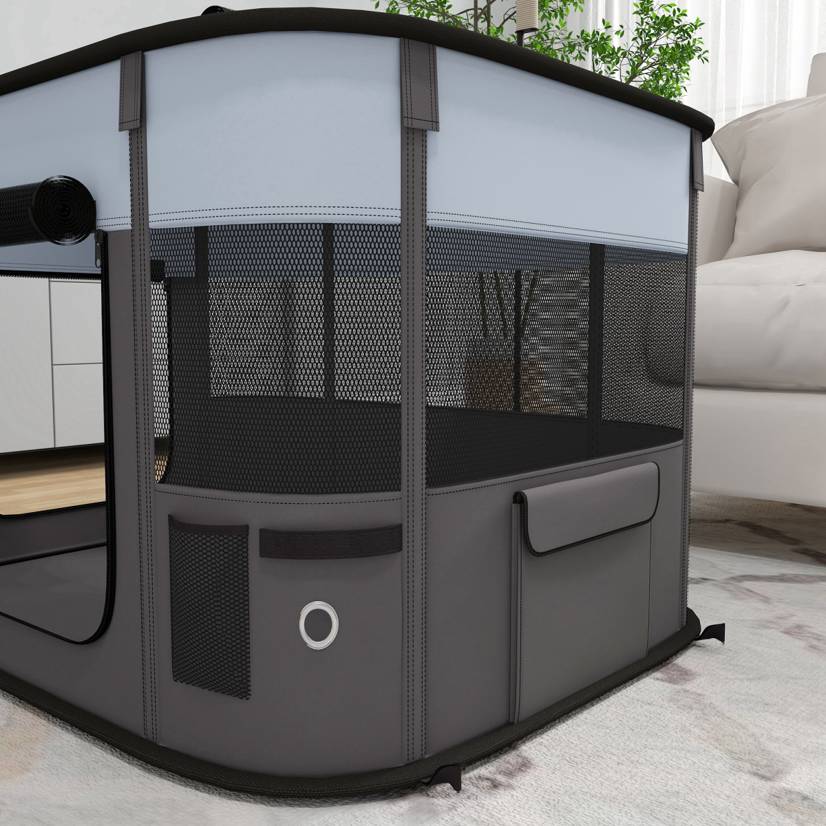 Grey portable dog pen by PawHut, suitable for puppies, rabbits, kittens, and guinea pigs, with a mesh sides and foldable design.