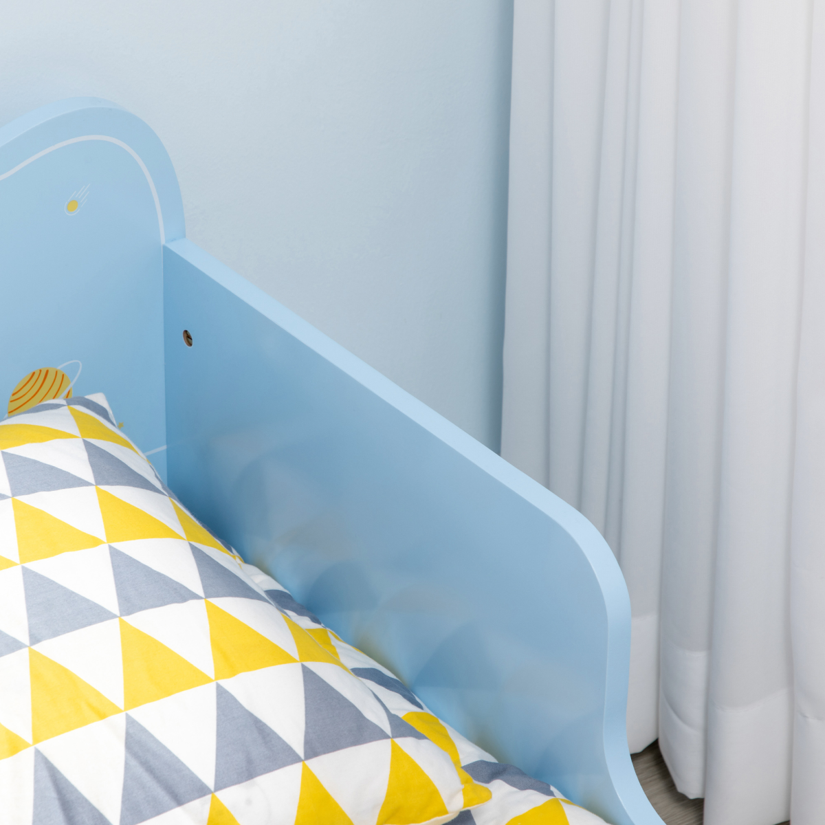 Zonekiz toddler bed with space-themed patterns, suitable for boys and girls aged 3-6 years, featuring colorful space designs.