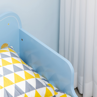 Zonekiz toddler bed with space-themed patterns, suitable for boys and girls aged 3-6 years, featuring colorful space designs.