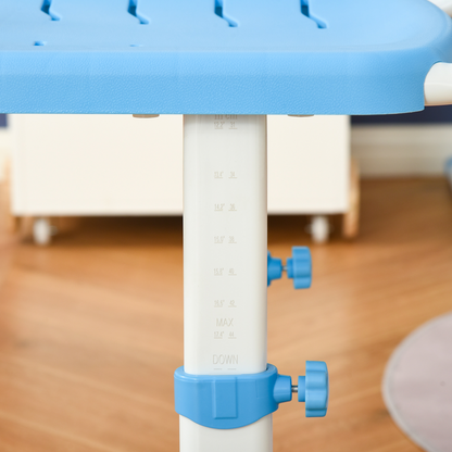 Kids desk and chair set with adjustable, tiltable surface, drawer, pen slot, and hook for children’s study furniture.