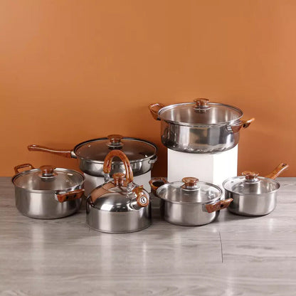 Set of 12 stainless steel cookware including saucepans, casseroles, and fry pans with glass lids from HOMCOM.