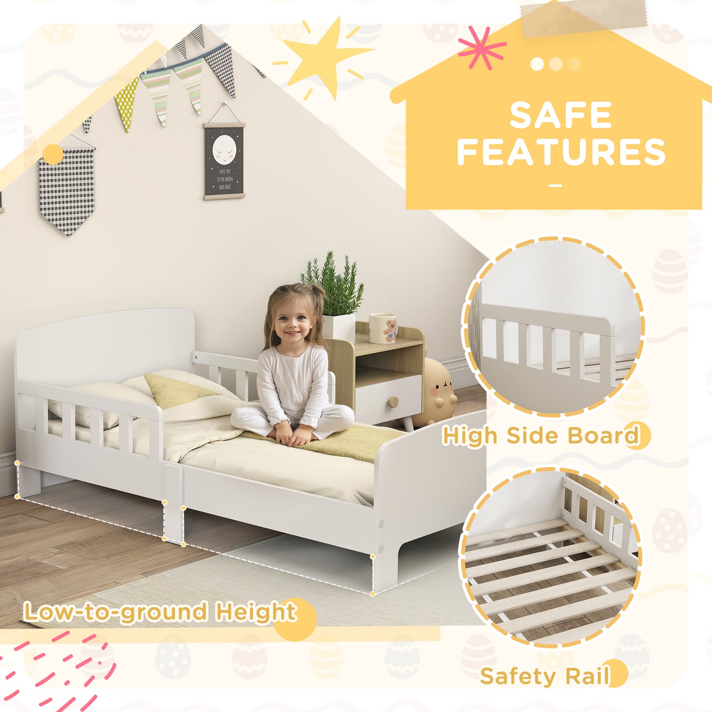 White toddler bed frame with safety side rails, HOMCOM kids bedroom furniture for children aged 3 to 8 years, shown in a child's bedroom.