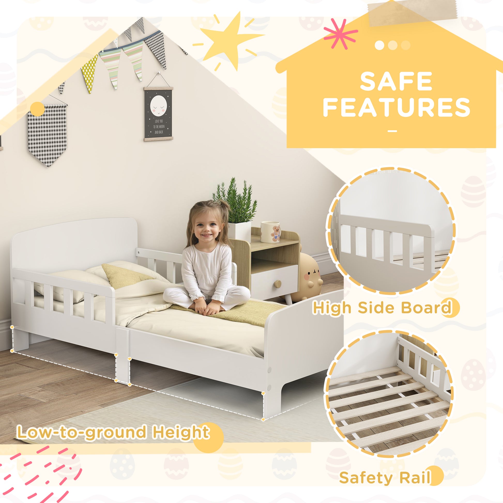 White toddler bed frame with safety side rails, HOMCOM kids bedroom furniture for children aged 3 to 8 years, shown in a child's bedroom.