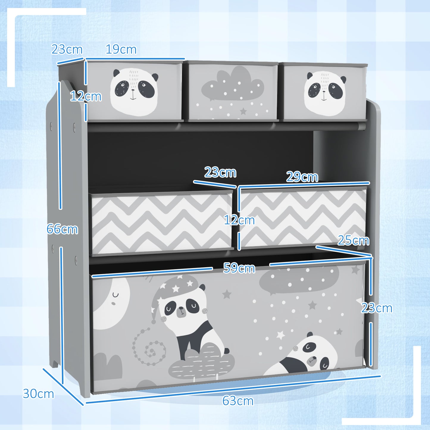 HOMCOM ZONEKIZ kids storage unit with six grey fabric bins, ideal for bedrooms, playrooms, or nurseries for organized toy storage.