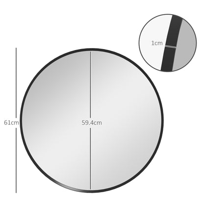 Black 61cm round decorative wall mirror by HOMCOM, ideal for bedroom, living room, or bathroom home decor.
