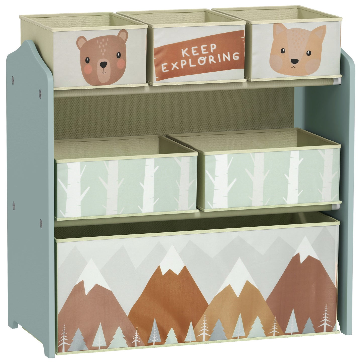 HOMCOM ZONEKIZ kids storage unit with six green fabric bins, ideal for bedrooms, playrooms, and nurseries.