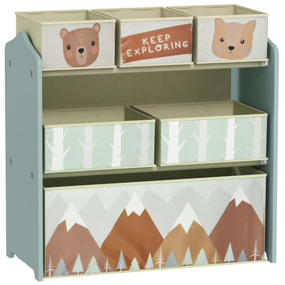 HOMCOM ZONEKIZ kids storage unit with six green fabric bins, ideal for bedrooms, playrooms, and nurseries.