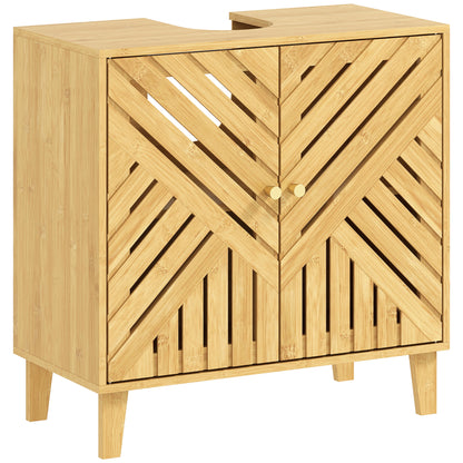HOMCOM bamboo bathroom under sink cabinet with adjustable shelf, natural finish, designed for basin without pedestal, compact storage solution.