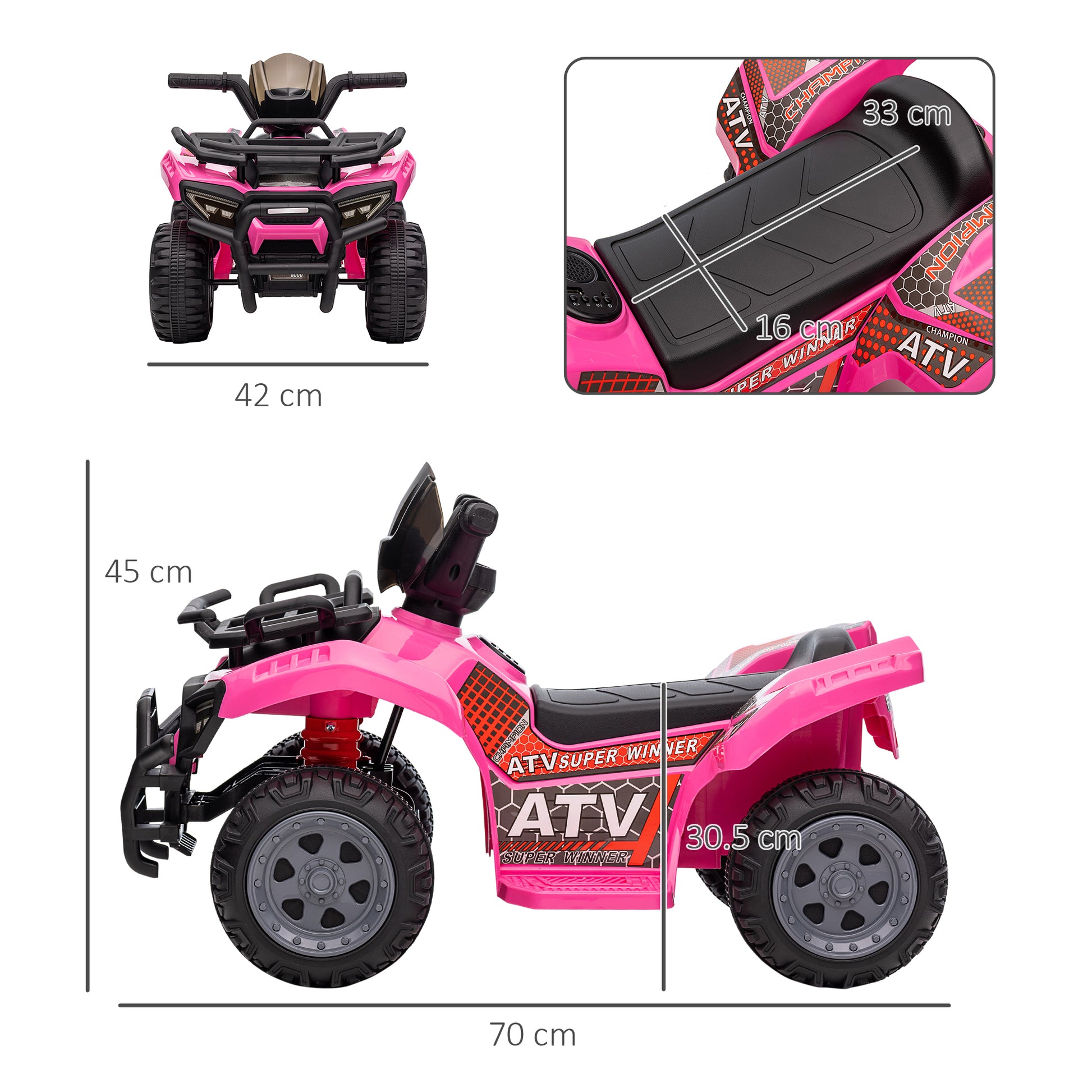 Pink HOMCOM 6V Kids Electric Ride-On Car for toddlers, all-terrain quad bike with music, suitable for ages 18-36 months.
