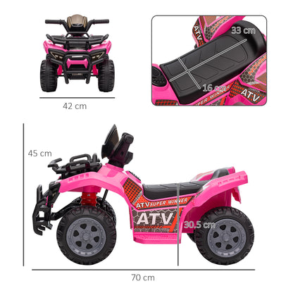 Pink HOMCOM 6V Kids Electric Ride-On Car for toddlers, all-terrain quad bike with music, suitable for ages 18-36 months.
