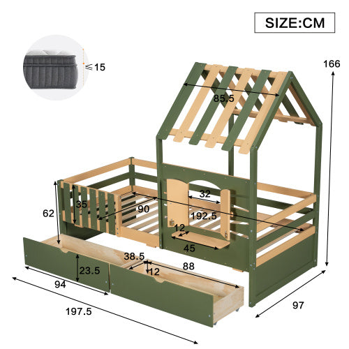 Kids Wooden Bed with Roof & Window Design – Green & Natural with Storage Drawers