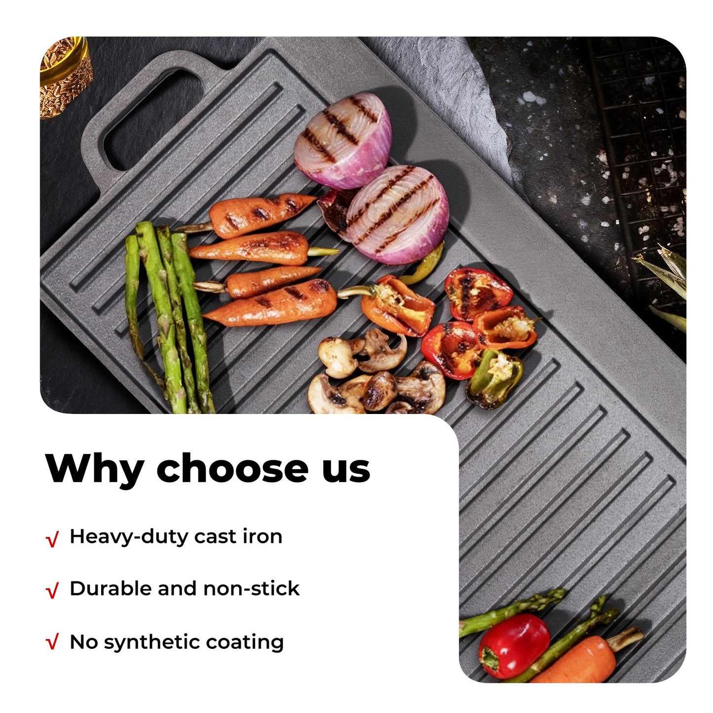 Livoshop reversible cast iron griddle plate with non-stick surface, 49.5cm BBQ grill and skillet pan for outdoor cooking
