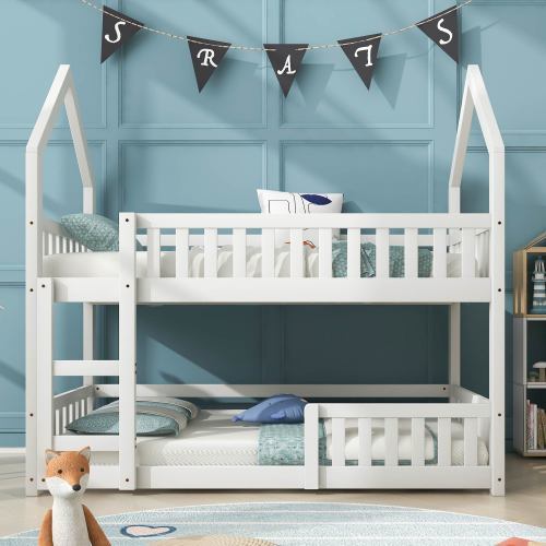 Kids Castle Bunk Bed with Ladder – Twin Sleeper 90x190cm White