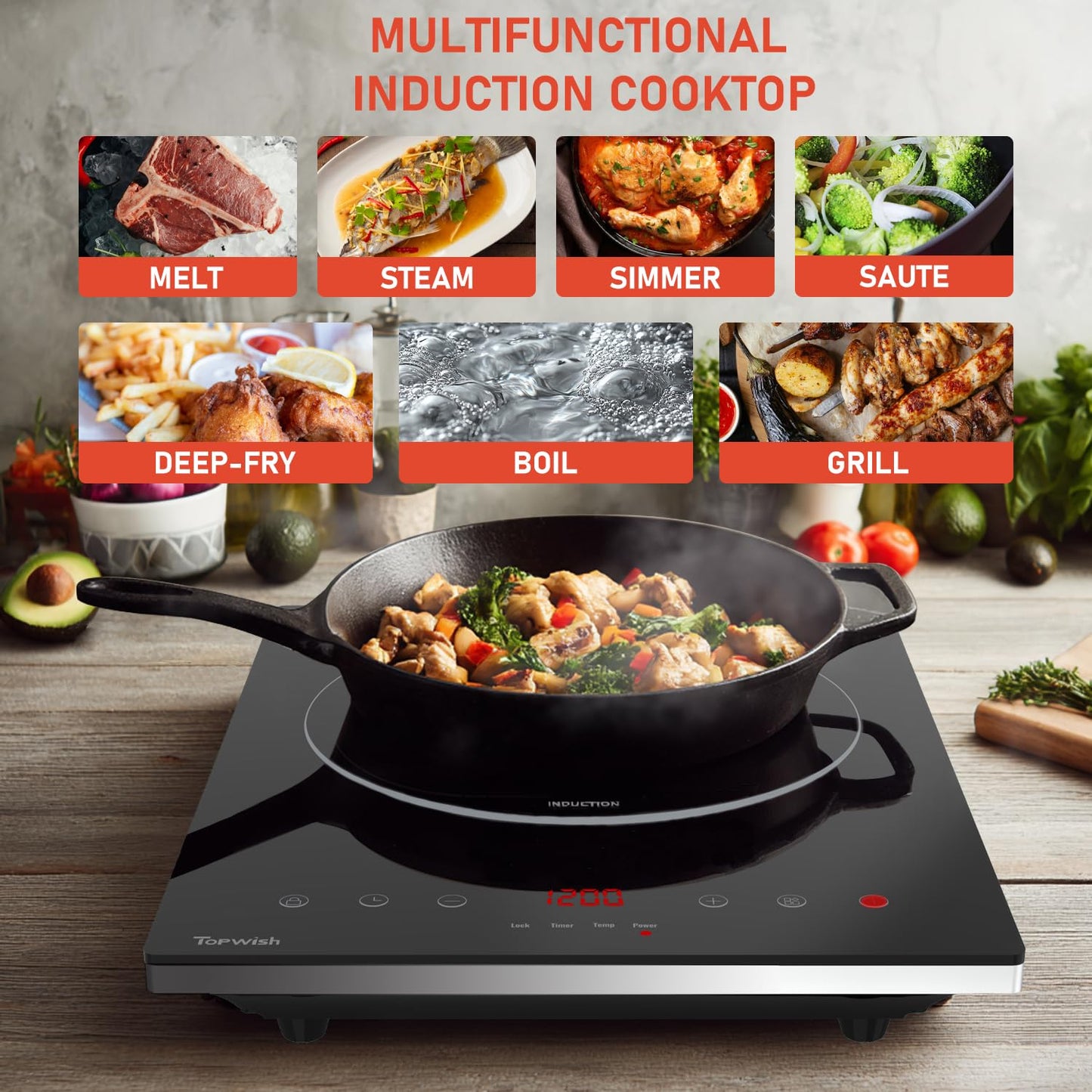 HOMCOM 2200W black crystal panel induction cooker with five cooking zones and digital controls on a kitchen countertop.