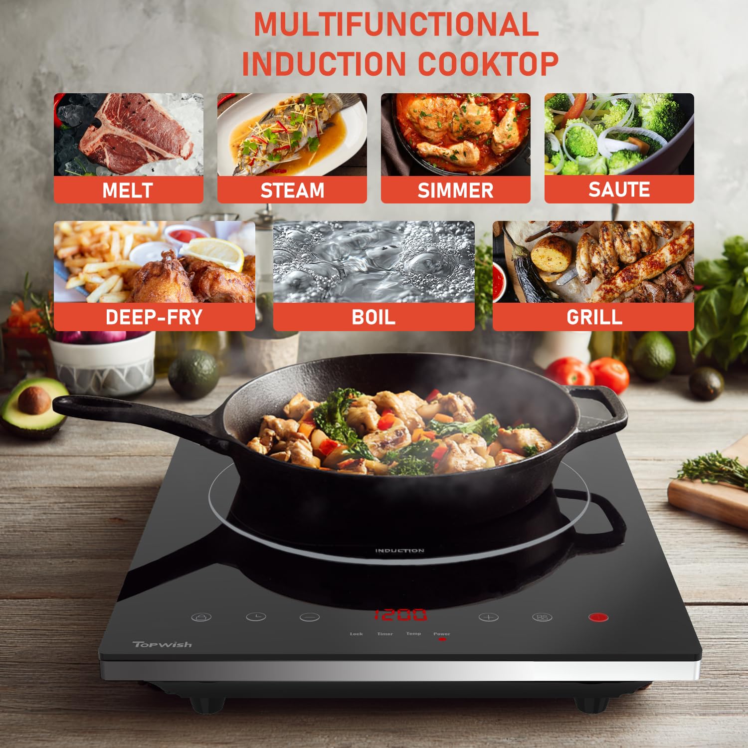 HOMCOM 2200W black crystal panel induction cooker with five cooking zones and digital controls on a kitchen countertop.
