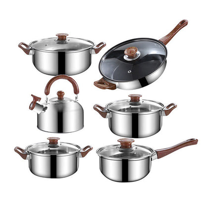 Set of five HOMCOM stainless steel cookware, including saucepans, casseroles, and fry pans with glass lids on a white background.